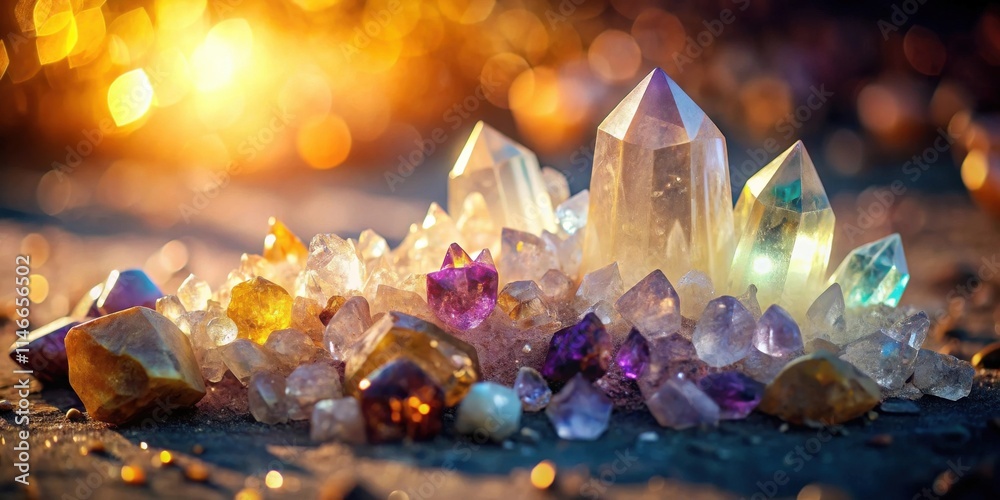 Poster a cluster of colorful crystals bathed in the warm glow of the setting sun, revealing their intricate