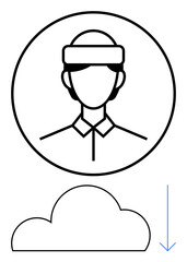 Avatar inside circular frame above a cloud with downward arrow symbolizing data upload or backup. Ideal for data storage, cloud computing, user profiles, online security, internet services