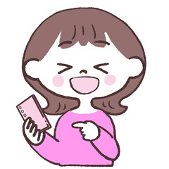 スマホを見て爆笑する女性正面イラスト
