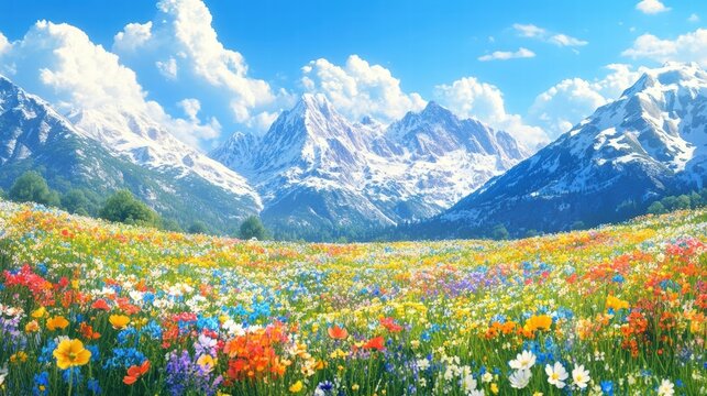 vibrant wildflower meadow with majestic mountain range