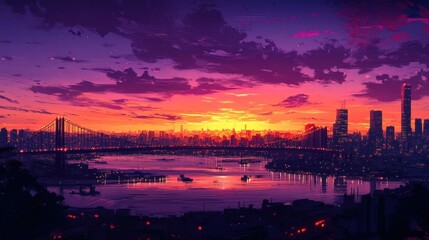 Fototapeta premium vibrant sunset cityscape with bridge