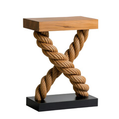 Rope Twist Table, wooden top, unique twisted rope base, modern design, decorative, stylish furniture piece Isolated on white background or PNG