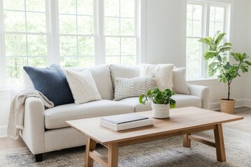 A cozy living room featuring a light sofa, decorative pillows, and a small indoor plant.