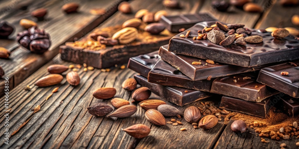 Poster aromatic dark chocolate bars with roasted almonds and cocoa nibs on a rustic wooden background