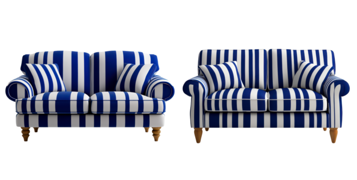 Blue white striped sofas nautical design home decor cozy style Isolated on white background or PNG