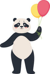 Adorable panda bear holding two colorful balloons, celebrating a birthday or special occasion, bringing joy and festive cheer with its charming presence