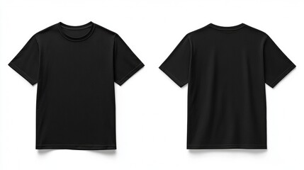 Black T-shirts front and back view, used as design template isolated on white background