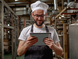Chef using tablet in food factory, smiling happily
