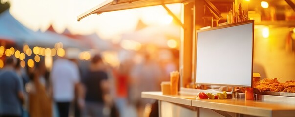Empty menu board at food stall with blur market background