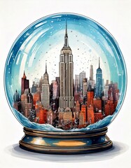 New York City Skyline, Snow Globe, Watercolor Painting, Tourism