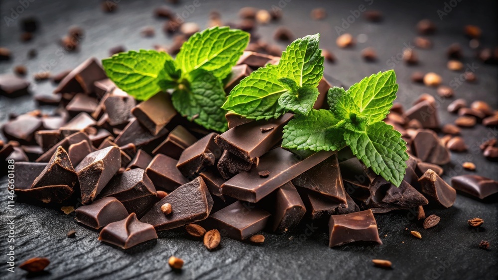 Poster a close-up view of fresh mint leaves resting on a bed of broken dark chocolate pieces, creating a vi