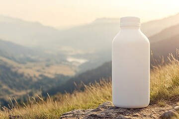 Blank bottle on mountain terrain for branding display