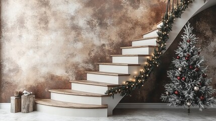 Elegant staircase with Christmas decor and tree