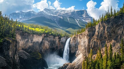 majestic waterfall cascading down rocky cliffs in canadian rocki