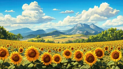 Obraz premium sunflowers field in mountain landscape