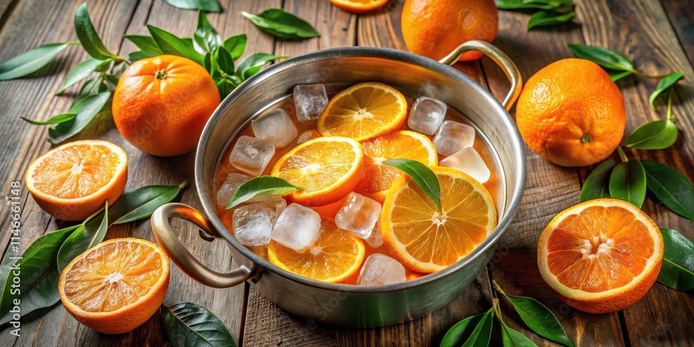 Sticker Refreshing Citrus Slices Soaked in Icy Water in a Metal Bowl Surrounded by Green Leaves on a Rustic Wooden Table