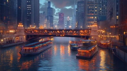 chicago river at night with illuminated bridges and boats