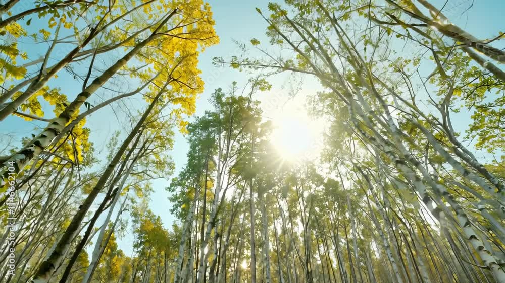 Poster explore a serene forest with towering birch trees and golden autumn leaves during a tranquil afterno