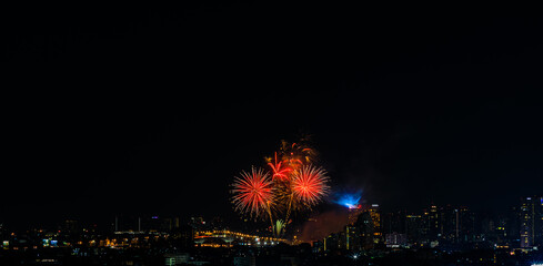 The blurred background of fireworks (light trails) is beautiful at night, seen in the New Year holidays, Christmas events, for tourists to take pictures during public travel.
