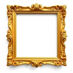 An ornate golden picture frame isolated on a white background. The frame is decorated with intricate carvings and has a classic design. It is a very detailed and elegant frame.