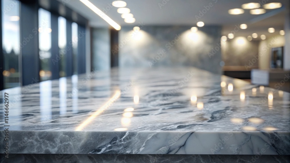 Poster a close-up of a polished marble countertop with blurry reflections of ambient lighting in a modern i