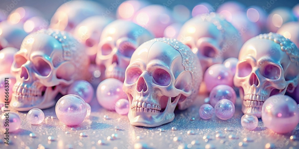 Poster a cluster of pearl-like skulls rest on a sparkling surface, bathed in an ethereal glow, the delicate
