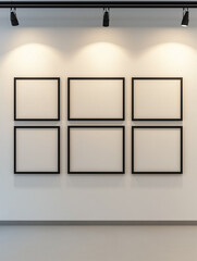 Modern White Wall with Seven Black Frames and Spotlights