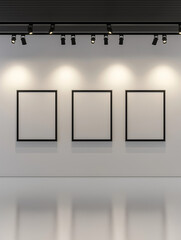 Modern White Wall with Seven Black Frames and Spotlights