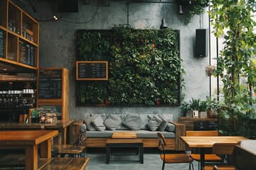 Modern Cafe Interior with Living Wall, Concrete and Wood Elements, Wooden Sofa and Armchairs. Wide-Angle Lens Photography. AI generated illustration