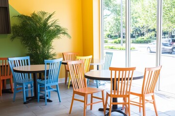 Fototapeta premium A colorful caf? interior with vibrant chairs and tables, creating a lively dining atmosphere.
