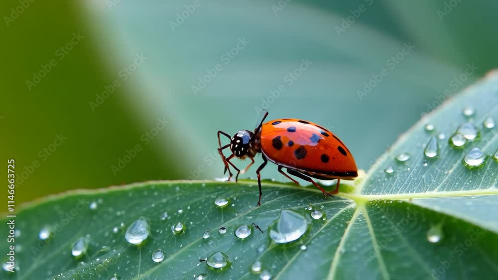 Poster ladybug rests on a leaf covered in dew drops in a vibrant green setting