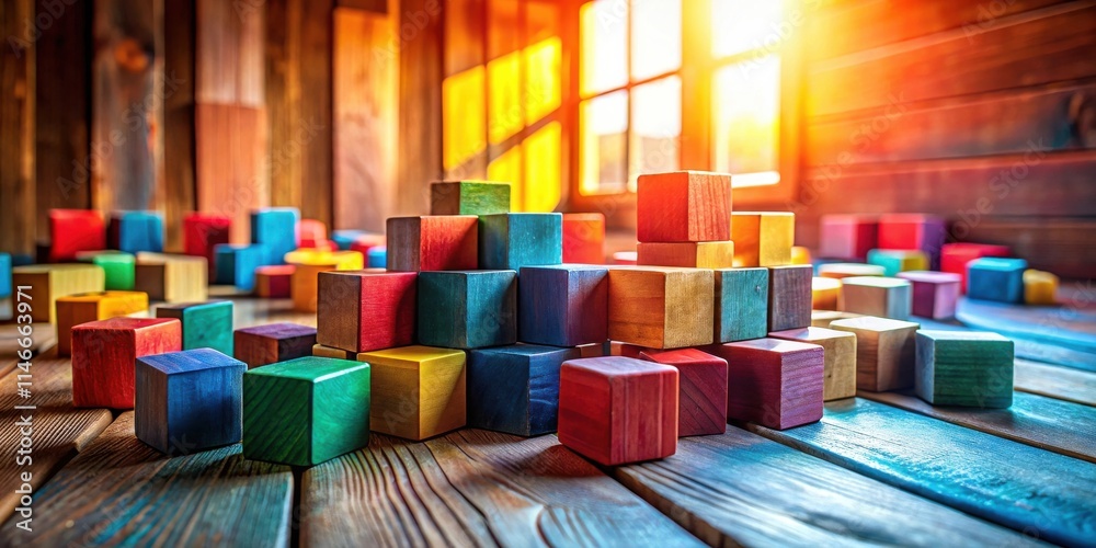 Aufkleber colorful wooden blocks arranged in a creative formation on a wooden surface with a sunlit window in 