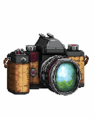 Pixel art camera with lens showing landscape, light background, for digital art or educational resources.