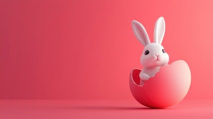 Obraz premium Easter rabbit, cute white bunny coming out of an opened egg on empty pink background with copy space 
