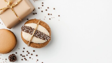 Festive treats and gift on white background.