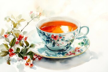 A delicate teacup filled with tea, accompanied by a floral saucer and nearby blossoms.