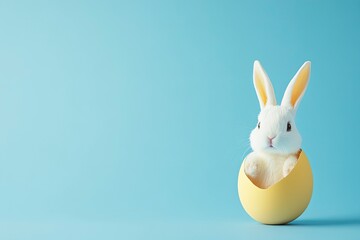 Obraz premium Easter rabbit, cute white bunny coming out of an opened egg on empty pink background with copy space 