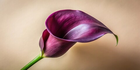 A single purple calla lily with its graceful curves and subtle light reflections, resting on a smooth beige surface.