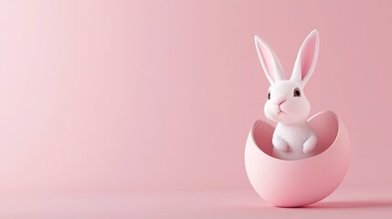 Obraz premium Easter rabbit, cute white bunny coming out of an opened egg on empty pink background with copy space 