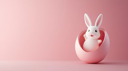 Obraz premium Easter rabbit, cute white bunny coming out of an opened egg on empty pink background with copy space 
