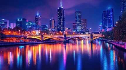 Fototapeta premium melbourne city night skyline river reflection