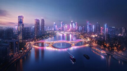 Fototapeta premium night view of modern city skyline with illuminated bridge