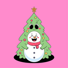 Cute christmas tree hugging snowman