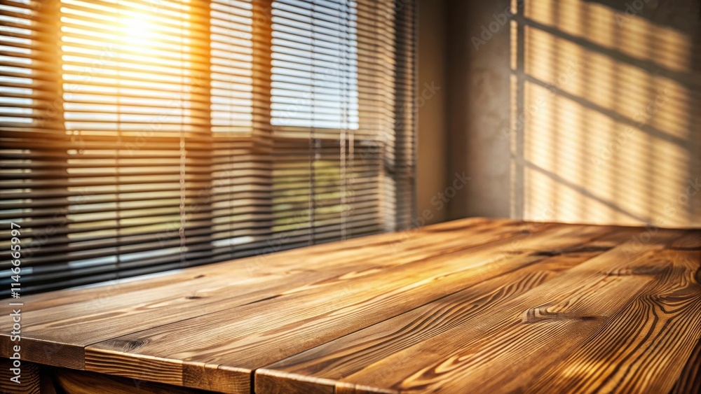 Poster A close-up shot of a rustic wooden table with a blurred background of blinds and sunlight streaming through a window