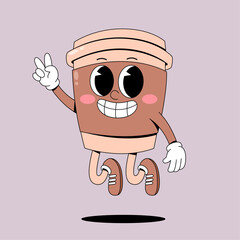Jumping coffee cup cartoon mascot