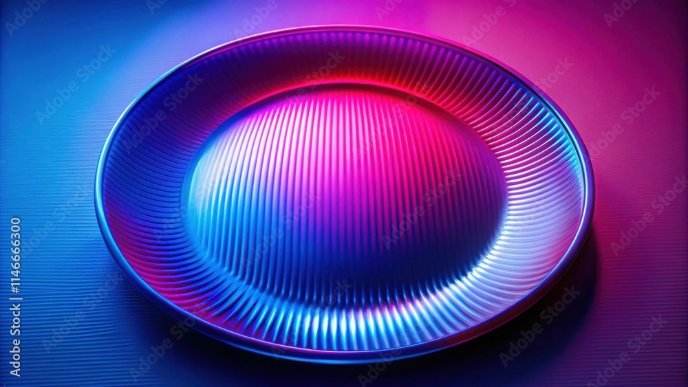 Fototapete a circular metallic object with rippled texture illuminated by a neon pink and blue gradient light.