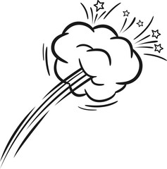 Black and white illustration featuring a cartoon smoke cloud rapidly emitting stars, enhanced by dynamic speed lines, all set against a clean white background