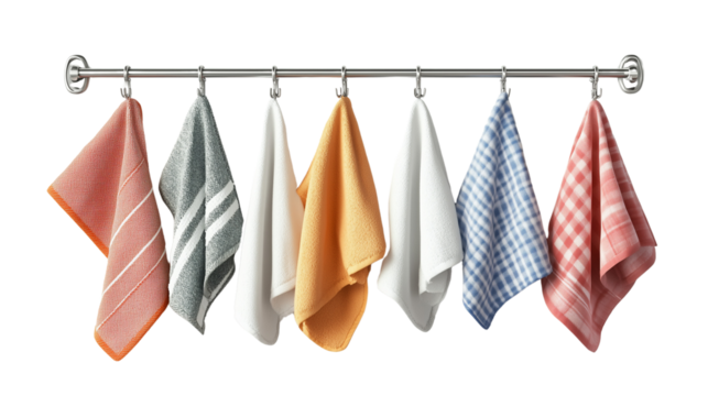 A close-up view of textured kitchen towels in neutral tones hanging on a rack mounted isolated on transparent background