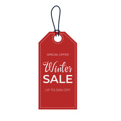 Vector winter minimalistic red sale label on white isolated background. Winter discount, special offer price tag. Winter sale up to 50% off shopping tag. Sale banner template.