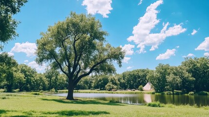 Fototapeta premium Serene Summer Lakeside Park Scene with Large Tree and Tent